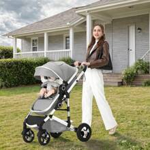 Kinder King 2 In 1 Convertible Baby Stroller, Folding High Landscape Infant Carriage, Newborn Reversible Pram, Adjustable Canopy, Diaper Bag - 淺灰色 - 查看 7