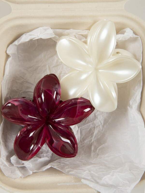2pcs Women Minimalist Wine Red & Ombre Acrylic Flower Hair Clip Ponytail Holder, Elegant & Versatile Hair Accessory For Daily Wear, Suitable For Festivals & Everyday Use
