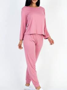 2pcs Pajama Sets For Women Solid Long Sleeve Tee & Pants PJ Set - Polignac - View 3