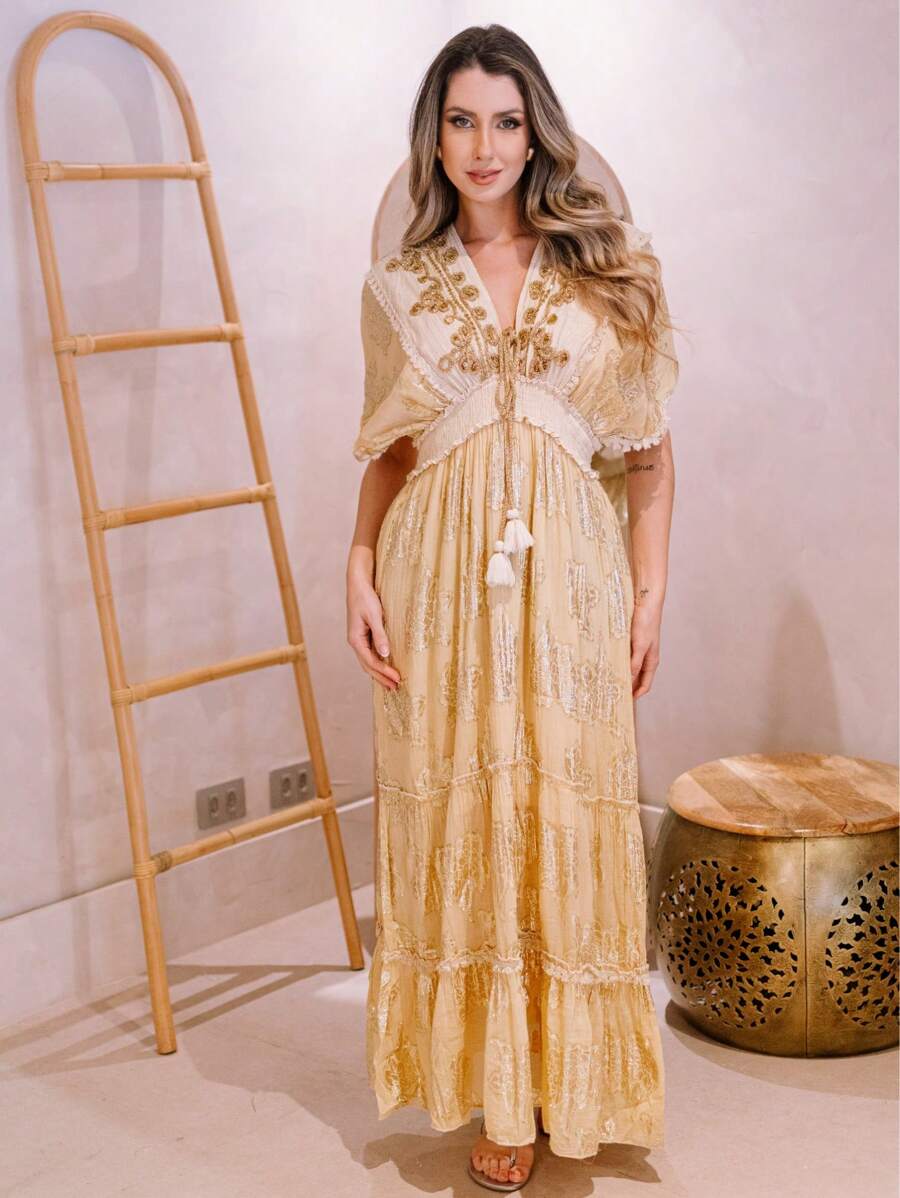 Boho Embroidered Batwing Sleeve Maxi Dress With Back Neckline 02-07 - Beige - View 1