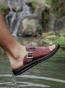 New Men's Beach Slippers, Casual Comfortable Light Flat Strap Slides - Red-brown - View 7