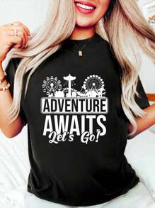Funny Black 100% Cotton T Shirts For Women Theme Park Amusement Park Adventures Awaits Let's Go T-Shirt Graphic Tee For Women, O-Neck Short Sleeve Casual Tops - Black - View 1