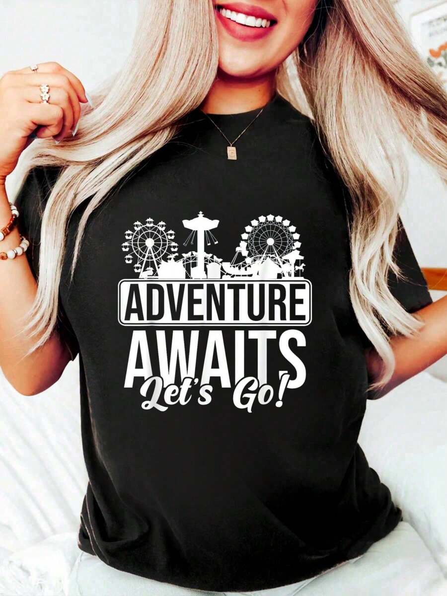 Funny Black 100% Cotton T Shirts For Women Theme Park Amusement Park Adventures Awaits Let's Go T-Shirt Graphic Tee For Women, O-Neck Short Sleeve Casual Tops - Black - View 1