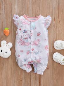 夏季甜美卡通松鼠和热气球全身印花婴儿女孩连体衣，带飘袖 - 白色 - 查看 1