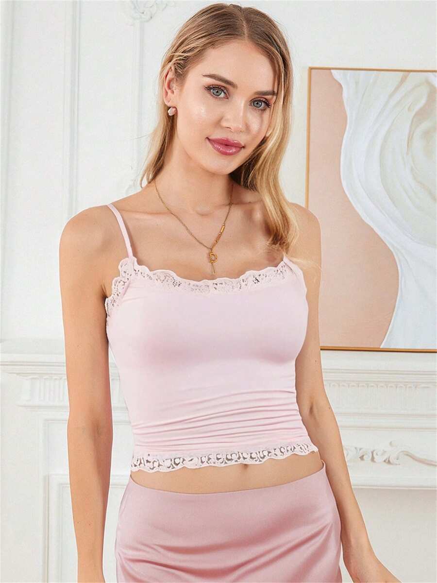 Women Crop Camisole Casual Summer Lace Patchwork Spaghetti Straps Tank Tops Sleeveless T-Shirt For Club Streetwear