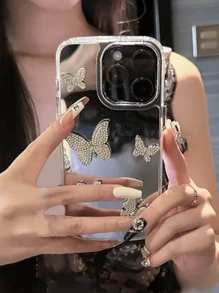 奢华水晶樱桃镜面保护壳，兼容 17 Pro Max、17 Pro、17 Air、17、16、15、14、13、12、11 Pro Max，镜头保护防震后盖 - 蝴蝶 - 查看 2