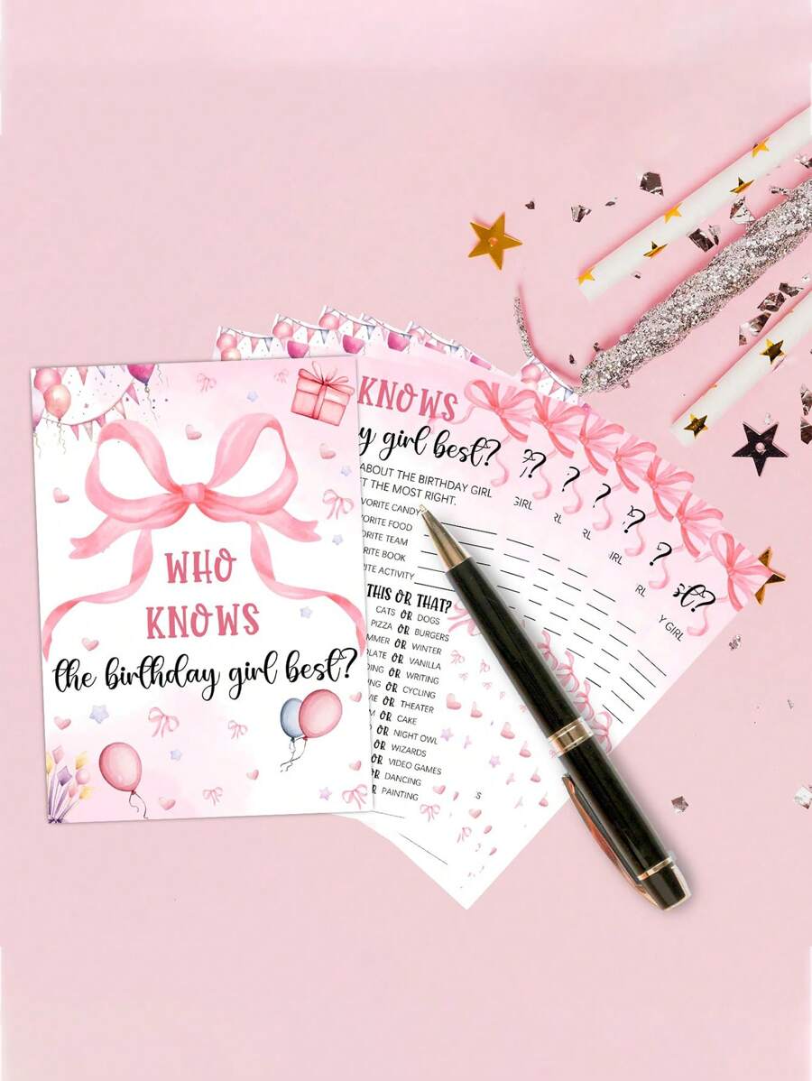 20 Pcs Of Pink Birthday Party Game Cards - Pink Bow Theme Sleepover Party Supplies - Creative Ideas For Birthday Night Games - Multicolor - View 1