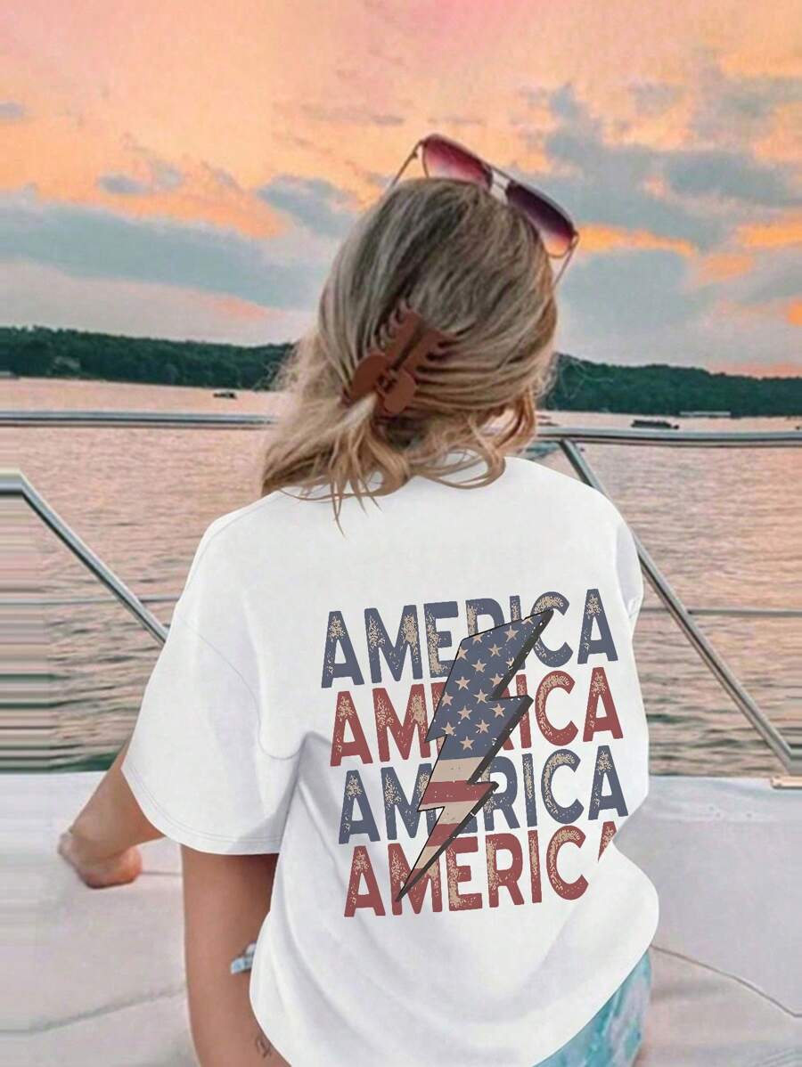 少女美国印花图案 T 恤，适合女孩短袖 T 恤，少女夏季上衣圆领衬衫 - 白色 - 查看 1