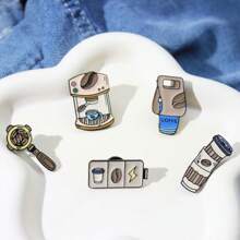 5pcs/Set Unique Imported American Coffee Logo Badge, Creative Cartoon Decoration Metal Brooch For Coat, Sweater