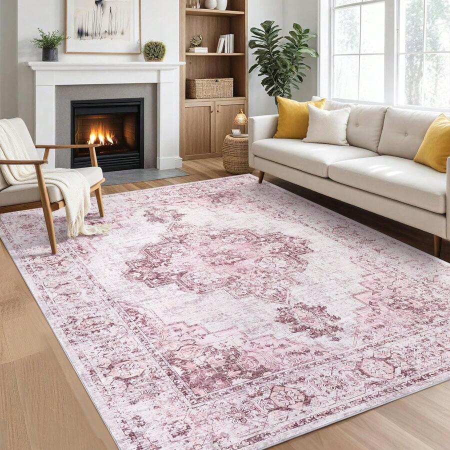 Boho Retro Area Rug Vintage Non-Slip Washable Rugs Sofa Low Pile Printed Room Carpet For Living Room Bedroom Study Decor Area Rug - 粉色 - 查看 1