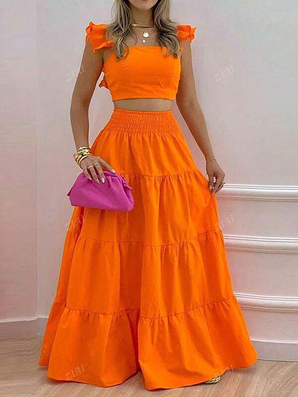 ZIAI New 2025 Summer Mid-Rise Sexy Strappy Flared Skirt Fashionable Printed Women's Two Pieces Set