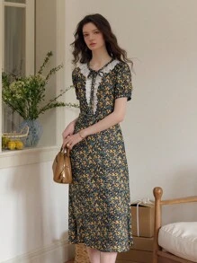 Simple Retro Women's Spring - Summer V - Neck Woven Dress With Lace Fringe, Drawstring And Floral Print - Black - View 2