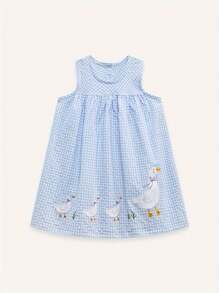 Vestido Xadrez Azul Claro Sem Mangas com Bordado Fofo de Pato para Meninas, Essencial de Verão