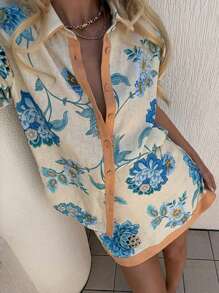 女士秋季服装，随机花卉印花短袖衬衫，裙装套装，波西米亚风格宽松度假两件套西装 - 藍色 - 查看 3