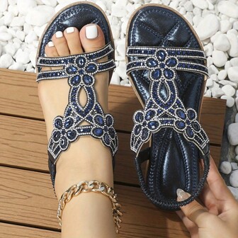 Women's Floral Crystal Embellished Flat Sandals, Bohemian Style With Elastic Strap Open Toe, Casual Summer Beach Shoes, Suitable For Beach Music Festival