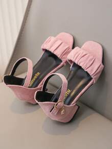 1 pereche de sandale cu toc înalt, din catifea, cu închizătură cu cârlig pentru o încălțare/descălțare ușoară, sandale elegante cu toc gros, pentru sărbători și purtare zilnică