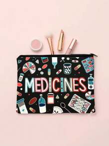 黑色帆布药丸收纳袋，带拉链 - 可重复使用的旅行和化妆包，商务旅行必备，采用“药物”和彩色医学插图设计，是送给女性、姐妹、女儿的完美礼物