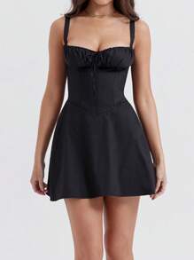 WOWDARK Women Summer Solid Color Tie Strap Slip Dress - Black - View 7