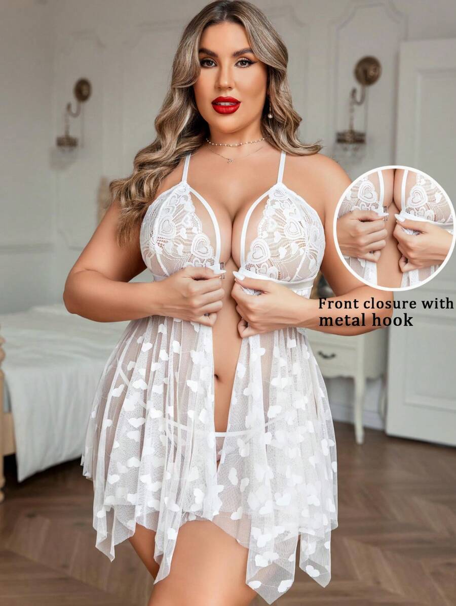 Plus Size Lingerie Lace Babydoll Women Teddy Chemise V Neck Nighty Mesh Sleepwear Front Slit Nightdress - 白色 - 查看 1