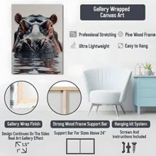 1pc Framed Canvas Poster, Hippo Animal Wildlife Wall Art Canvas Paintings, Ideal Gift For Bedroom Living Room Corridor, Wall Art, Room Decoration
