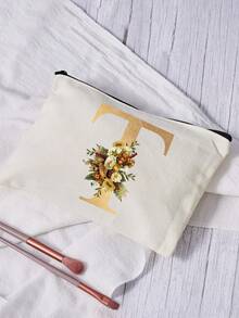 1pc A-Z Floral Print Makeup Bag, Women's Cosmetic Pouch Wallet, Initial Letter Pattern Toiletry Organizer, Wedding Party Wash Bag - Multicolor - View 8