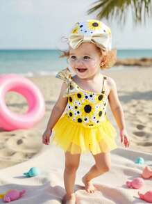 Baby Girls' Cute Colorful Strap 3D Bow Mesh Swimsuit With Swim Cap, Suitable For Daily Outings And Swimming, Summer - Yellow - View 4