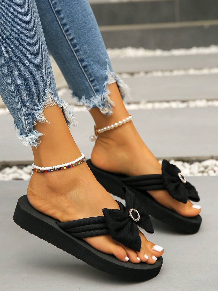Women's Bow Thong Slippers, Fashion High Heel Flip Flops With Non-Slip Thick Sole, Suitable For Beach, Holiday Vacation, Casual Daily Wear - Black - View 1