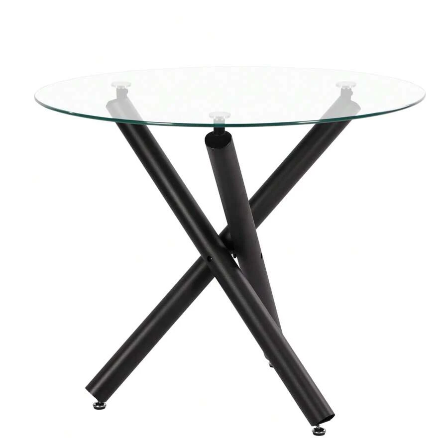 Round Dining Table, 90 Cm Glass Table Top With Black Stylish Stable Table Legs,Kitchen Table - Black - View 1
