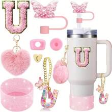8 piezas de accesorios para taza de 40 oz y 30 oz, incluyendo tapa con pajita, tapa de silicona a prueba de derrames, funda de silicona, cadena con dije de letra, pegatina, gancho en forma de corazón, pompones con forma de corazón y bola de pelo, ideal para camping, regalo del Día de San Valentín, Día de la Madre, útiles escolares