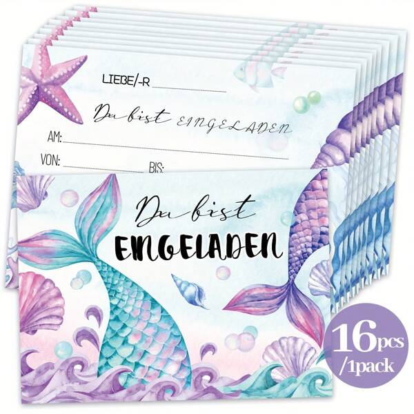 16pcs/Set Mermaid Themed Invitations For Celebrations, Customized Mermaid Birthday Invites - Cartoon Pattern Fill-In-Card For General Parties And Universal Holidays