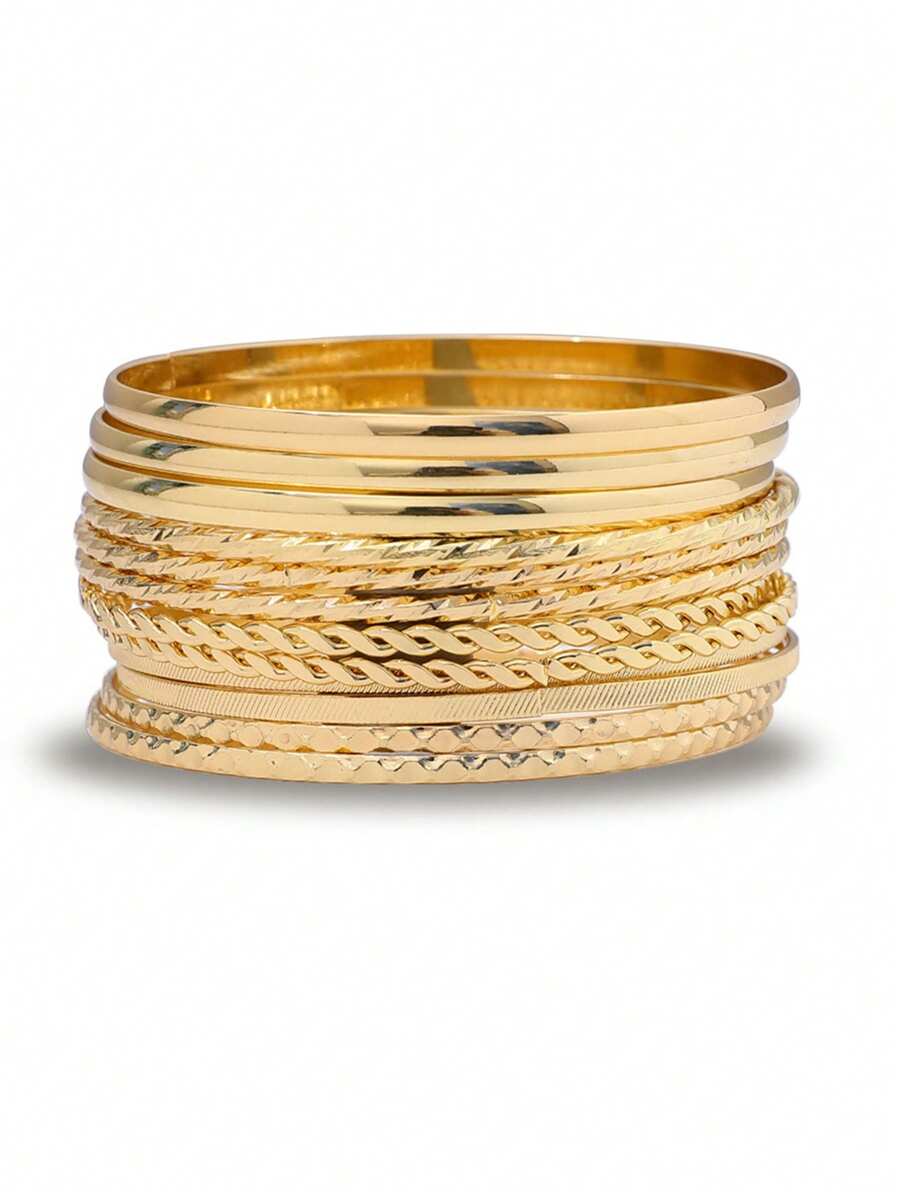 12件套朋克风链手链套装，女士波西米亚风粗金链手链及手镯时尚饰品 - 金黃色 - 查看 1