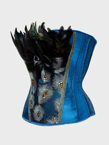 Corsets For Women Overbust Bustiers Top Embroidery Peacock Nobility Feather Burlesque Halloween Costume - Blue - View 3