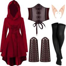 Halloween Women's Renaissance Fairy Costume Set, Medieval Hooded Dress With Accessories, Get Ears As A Gift