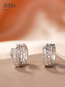 Hihho 1 Cặp bông tai tròn đính đá Zirconia trắng sáng bóng, thiết kế cổ điển hai hàng dành cho nữ, bông tai thanh lịch kiểu Pháp thích hợp cho các buổi hẹn hò và làm quà tặng - Bạc - Xem 6