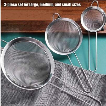 1/3/4件套不锈钢网筛套装，不同尺寸，适用于家庭厨房筛面粉/油，厨房烹饪配件，细网漏勺套装，必备厨房工具和配件，送给家庭厨师的礼物，节省厨房空间的收纳好帮手，圣诞节厨房礼物