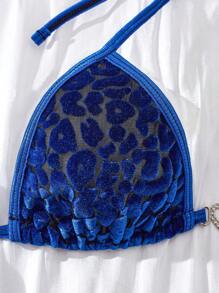 2 件女式蓝色烧豹纹比基尼，度假海滩蕾丝吊带，露背，猎豹印花，爱心金属环装饰，性感比基尼套装，性感内衣套装