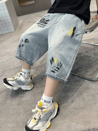 Tween Boys Versatile Casual Graffiti Print Boys Denim Shorts