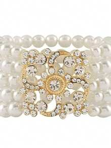 1pc Multi-Layer Pearl & Crystal Spiral Stretch Bracelet, Mother's Day Gift - Multicolor - View 14
