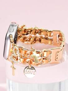 1条优雅金色双层皮革表带，带心形吊坠，金属表带，尺寸38/40/41/42mm/42/44/45/46/49mm，兼容 Ultra 2/SE/10/9/8/7/6/5/4/3/2/1 - 金色 - 查看 9