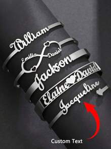 1 Piece Customized Name Heart Bracelet For Women Men, Golden Stainless Steel Open Bracelet, Stylish Personalized Customized Name Bracelet, Party Birthday Gift For Family For Friends - Silver - View 2