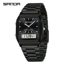 SANDA. SANDA Men's Fashion Watches Business Style Alarm Clock Steel Band Watch Square Dial