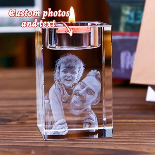 1pc Personalized 2D Photo Crystal Candle Holder, Custom Carved Crystal Candle Holder, Mother's Day With Its Own Picture Text Anniversary Christmas Gift, For Dad, Mom, Him, Her