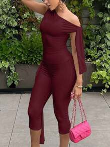 2pcs/Set Women Summer Simple Solid Color Asymmetrical Neck Top And 3/4 Pants - Burgundy - View 5