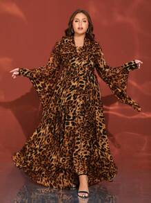 Plus Size Leopard Print Long Sleeve V-Neck Maxi Evening Dress,Modest - Brown - View 2