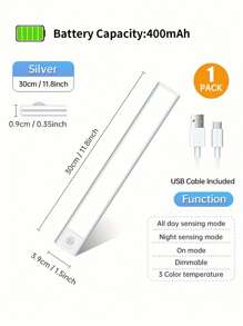 1个LED人体感应橱柜灯，适用于橱柜下方、衣柜等，无线磁吸式USB充电厨房夜灯，电池供电，可用于衣柜、橱柜、楼梯、走廊、搁板等 - 三种灯光颜色可选，尺寸：7.87英寸/11.8英寸/15.7英寸/19.7英寸