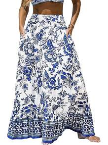 Women Floral Print High Waist Maxi Casual Skirt, Suitable For Holiday