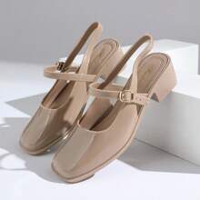 2025女款时尚浅金色镜面金属玛丽珍鞋，适合通勤、约会、派对、度假，春季鞋款，春假复活节简约系带平底鞋，新款水晶约会高端时尚纯色高跟凉鞋，大码女鞋，鞋子 - 米色 - 查看 7