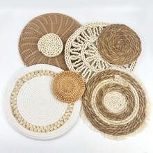 1/7 件波西米亚风格编织壁篮，藤条装饰挂篮，圆形扁平玉米皮手工壁篮，适用于客厅、卧室、餐厅、办公室