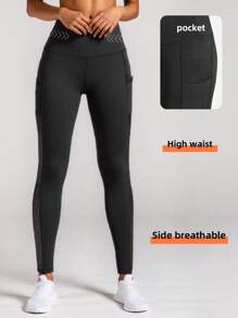 1 件口袋运动裤收腹提臀女式网眼透气纱布瑜伽紧身裤完美高腰修身裤适合跑步骑行瑜伽泡菜球运动休闲