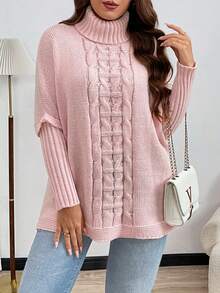 Plus Size Casual Loose Solid Color Turtleneck Knit Pullover Sweater, For Winter - Pink - View 7